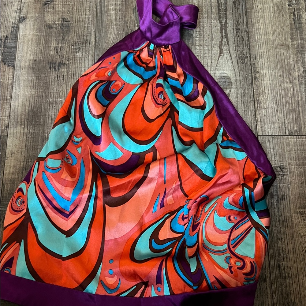 Marciano 100%silk Multicolor Swirl Halter Top in Orange, Turquoise & Purple
